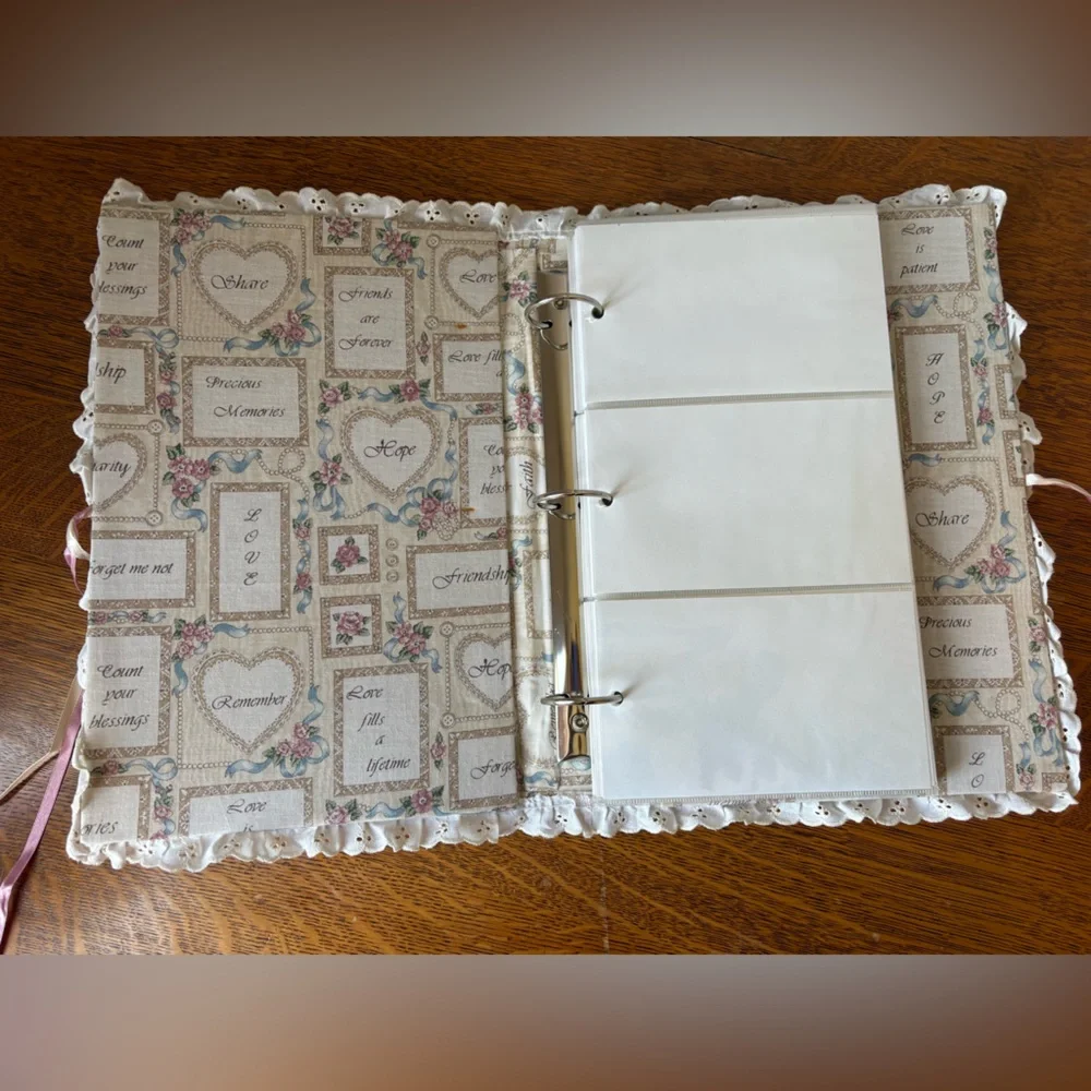 Vintage Fabric Covered Photo Album Shabby Chic Bow Heart Eyelet Scalloped Edge